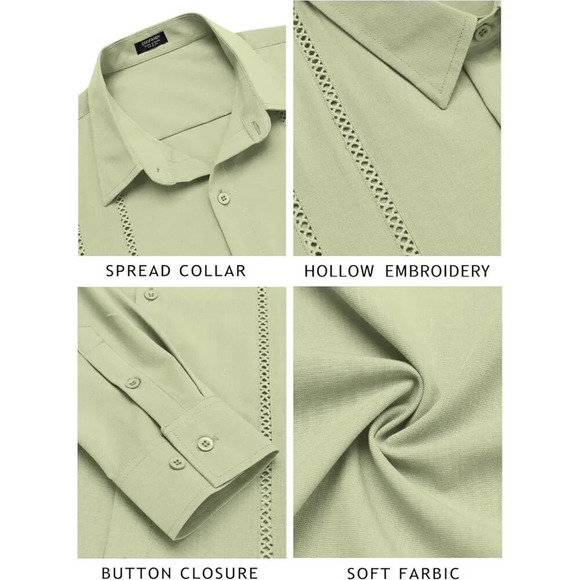 ❤️Mens Green Cuban Shirt Casual Button  Down Shirts Long Sleeve Beach Shirts - Picture 4 of 5